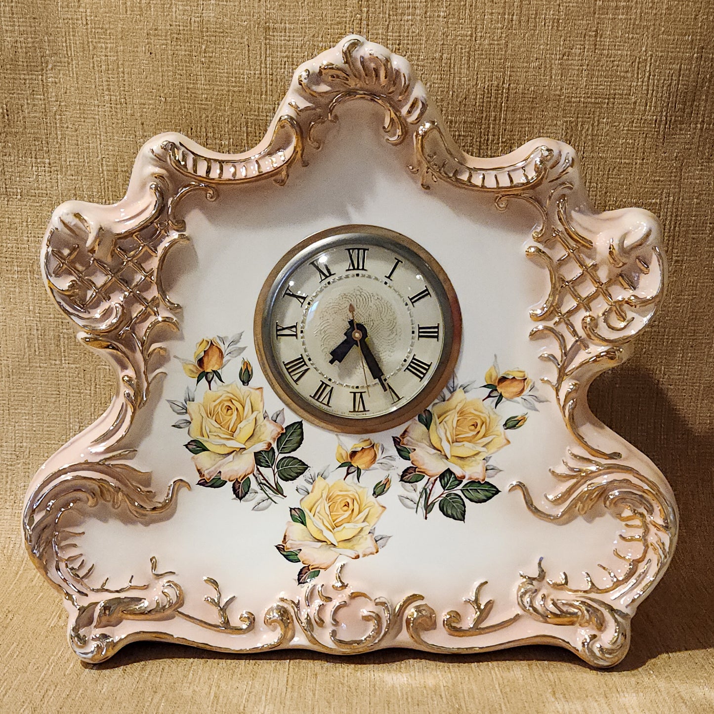 Yellow Rose Ceramic and Gold Mantel Clock