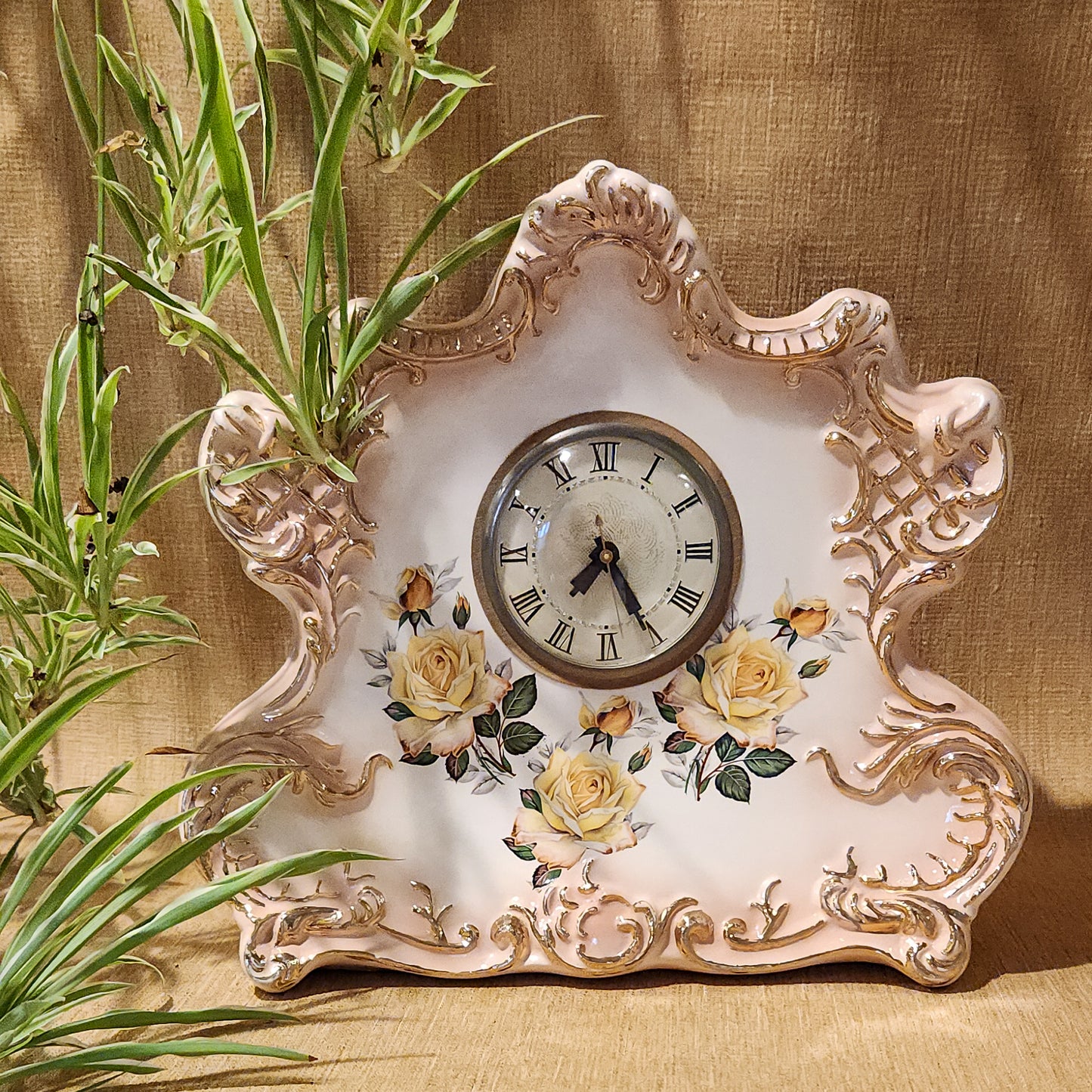Yellow Rose Ceramic and Gold Mantel Clock