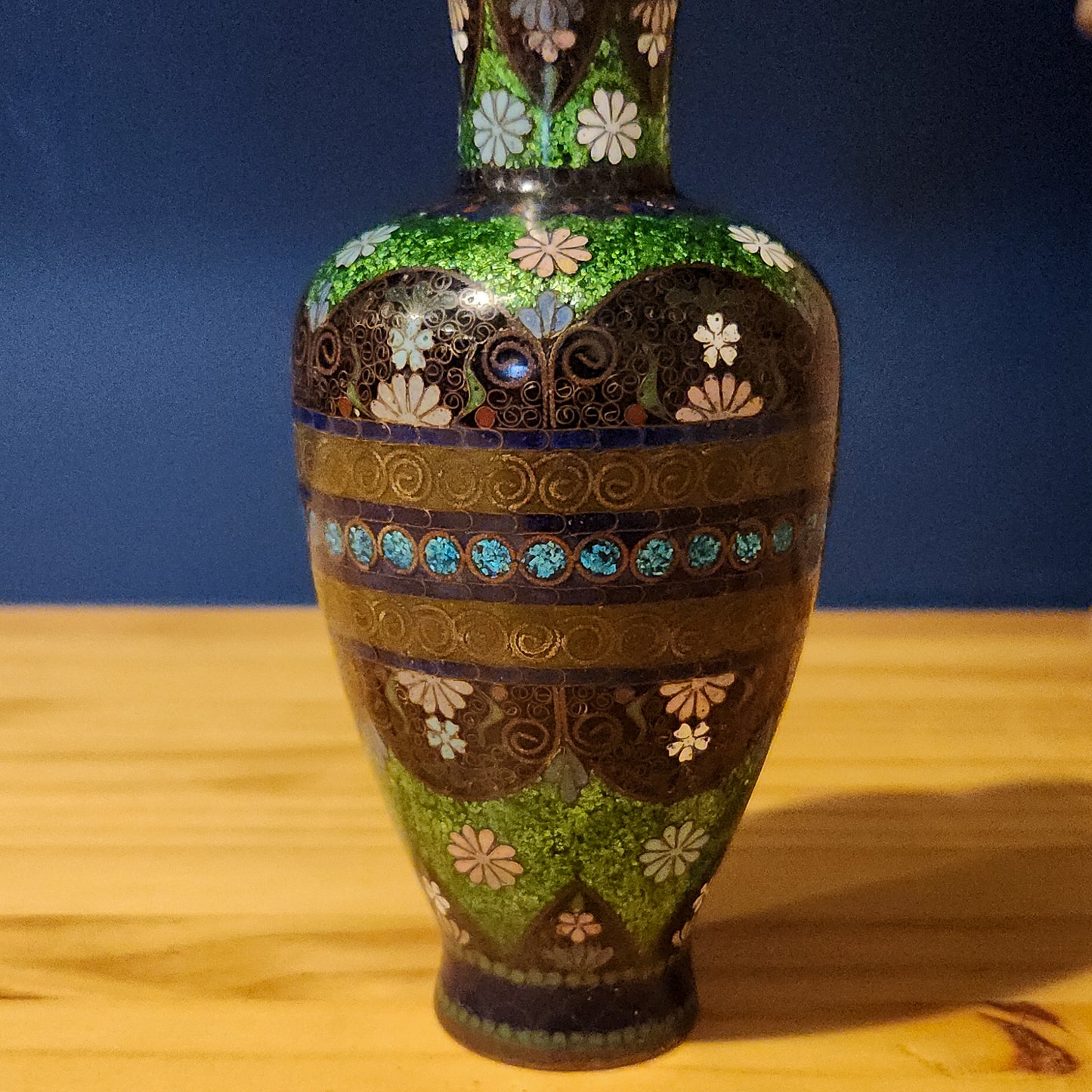 Black Floral Cloisonne Vase, 6"