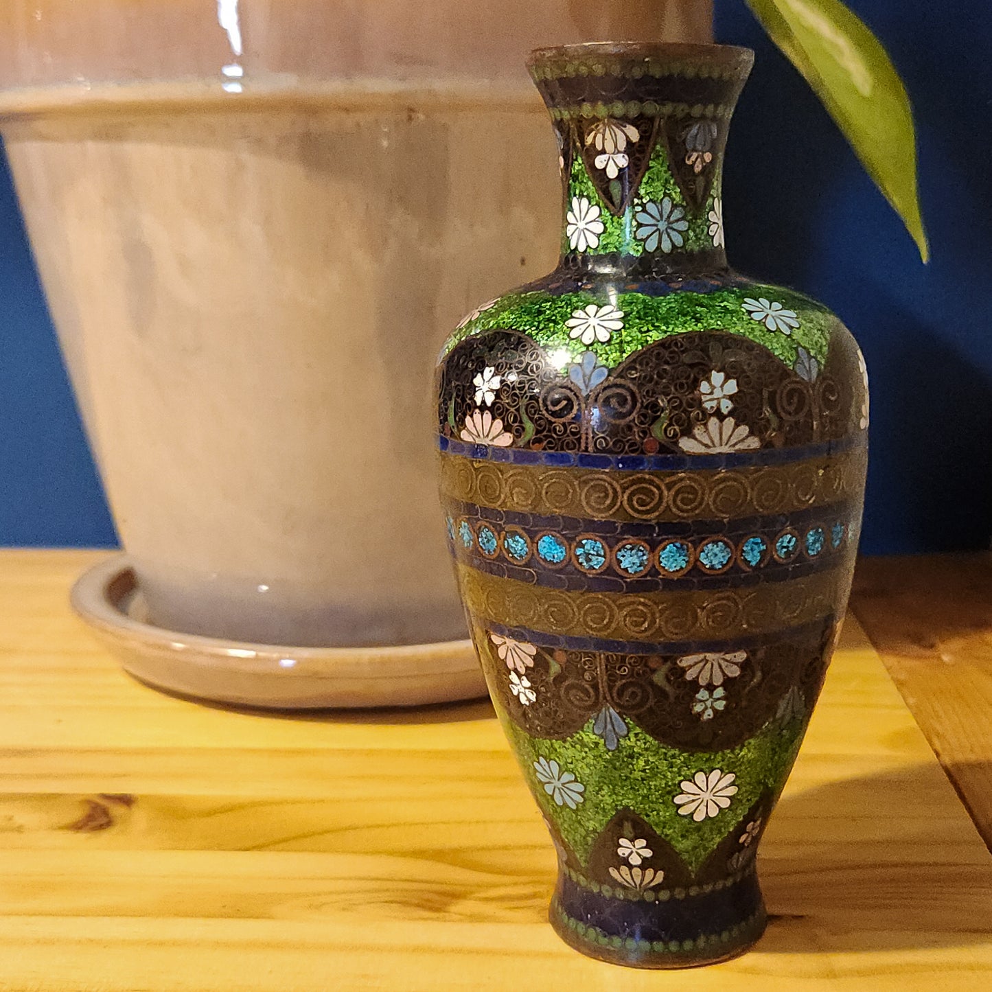 Black Floral Cloisonne Vase, 6"