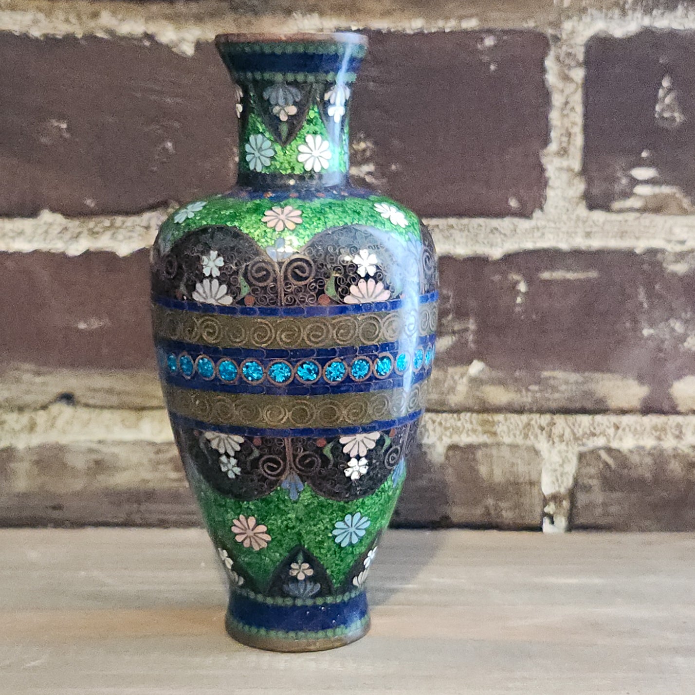 Black Floral Cloisonne Vase, 6"