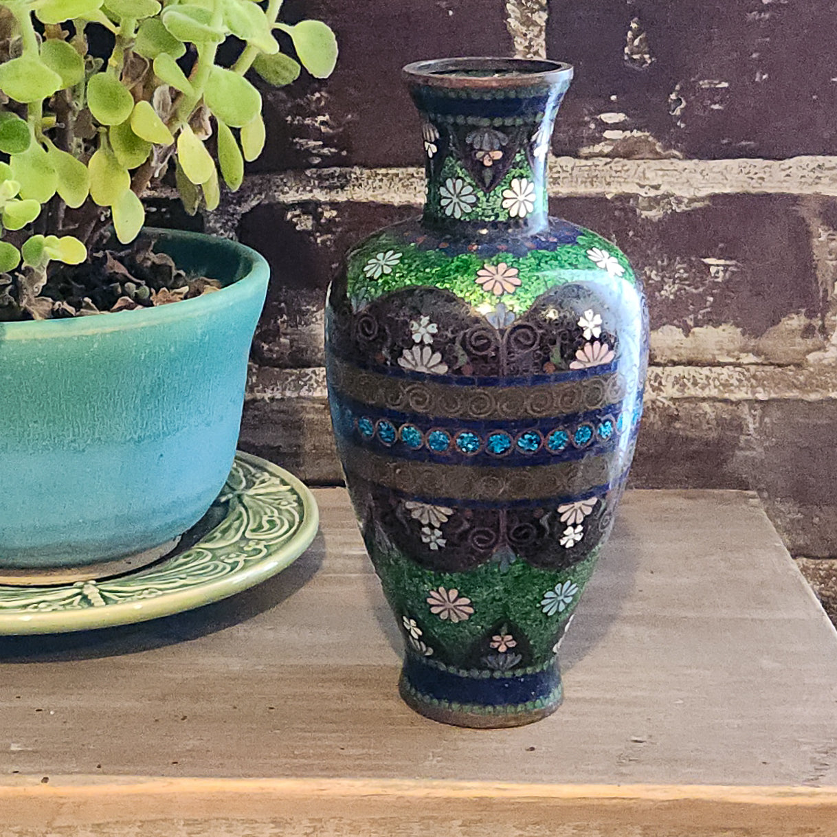 Black Floral Cloisonne Vase, 6"