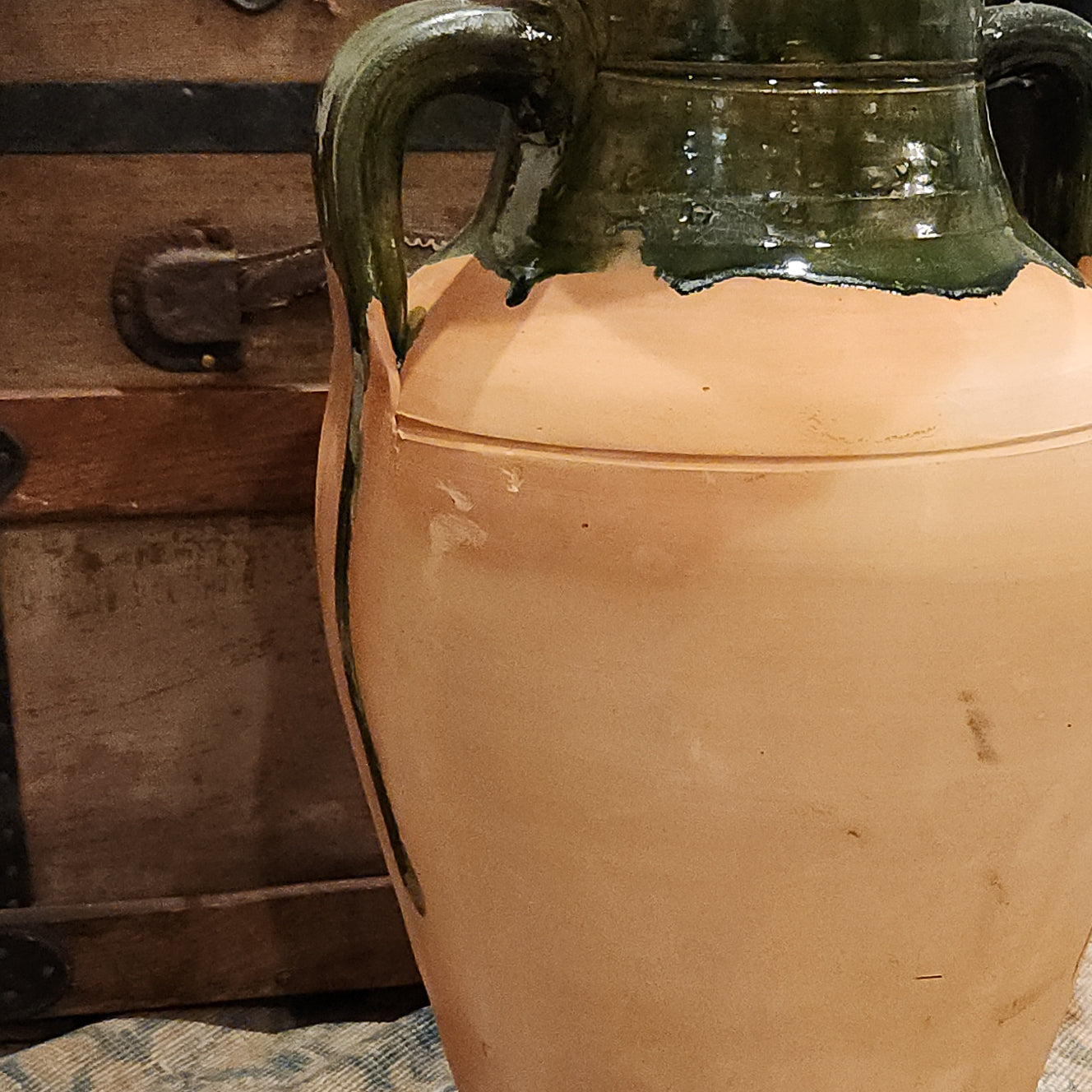 Terracotta Olive Jar with Dark Green Drip Glaze