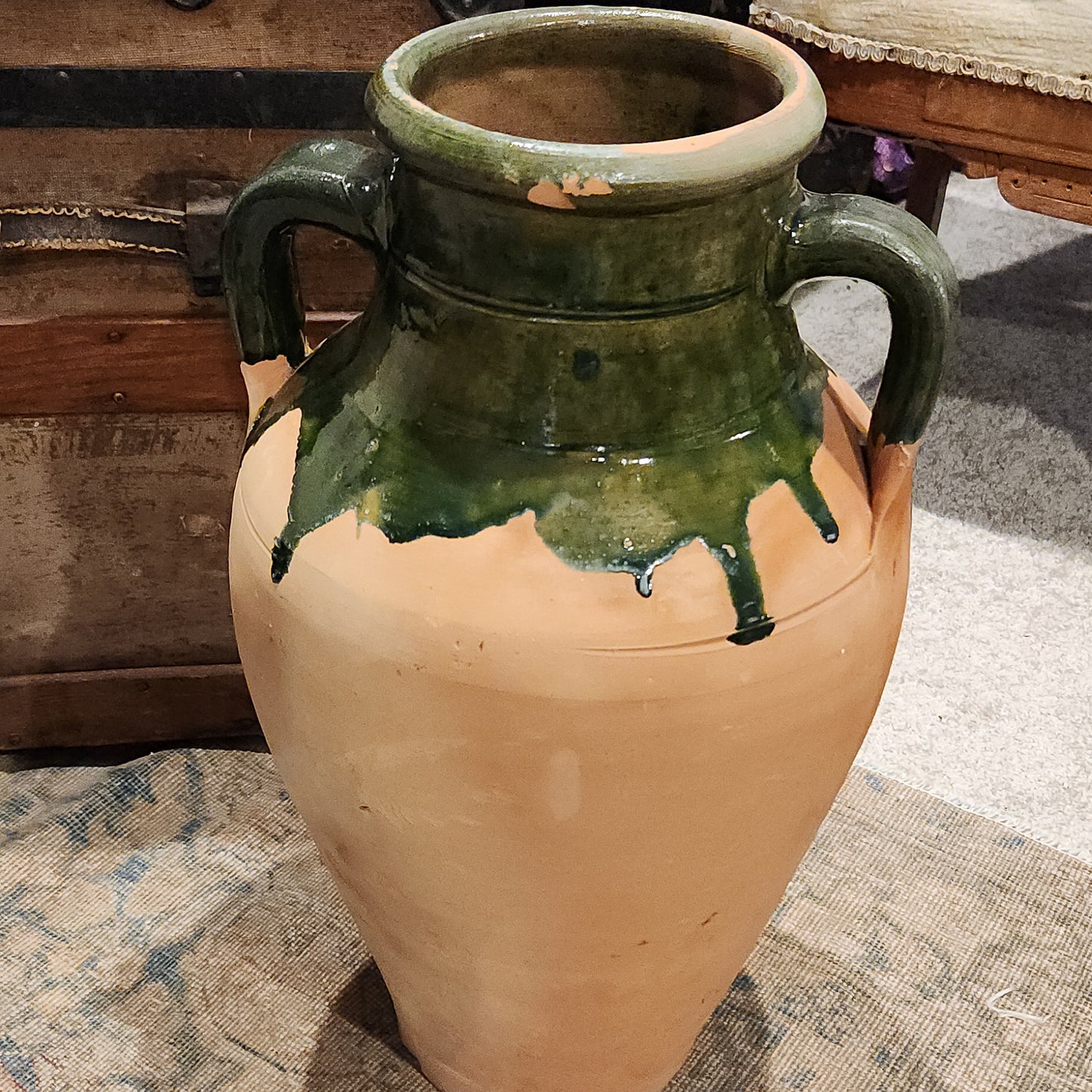 Terracotta Olive Jar with Dark Green Drip Glaze