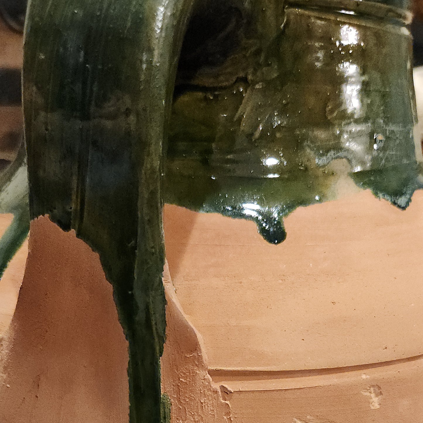 Terracotta Olive Jar with Dark Green Drip Glaze