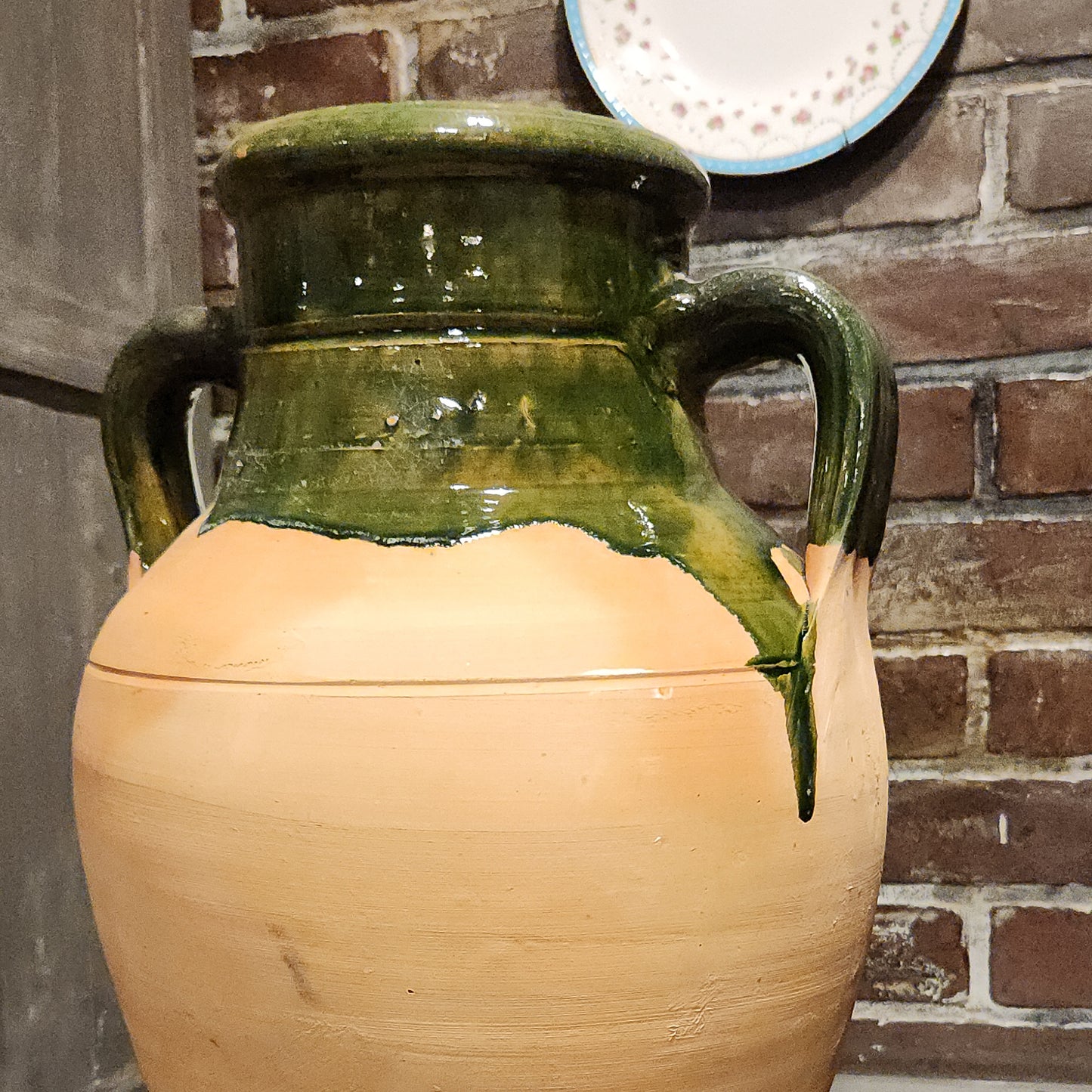 Terracotta Olive Jar with Dark Green Drip Glaze