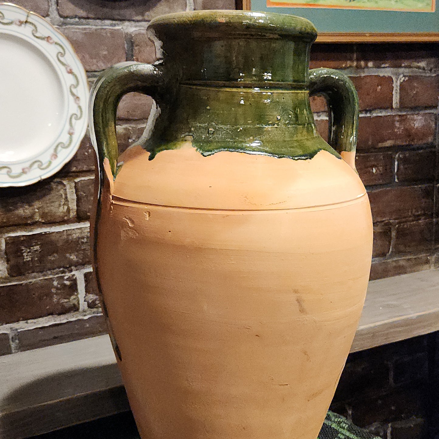 Terracotta Olive Jar with Dark Green Drip Glaze