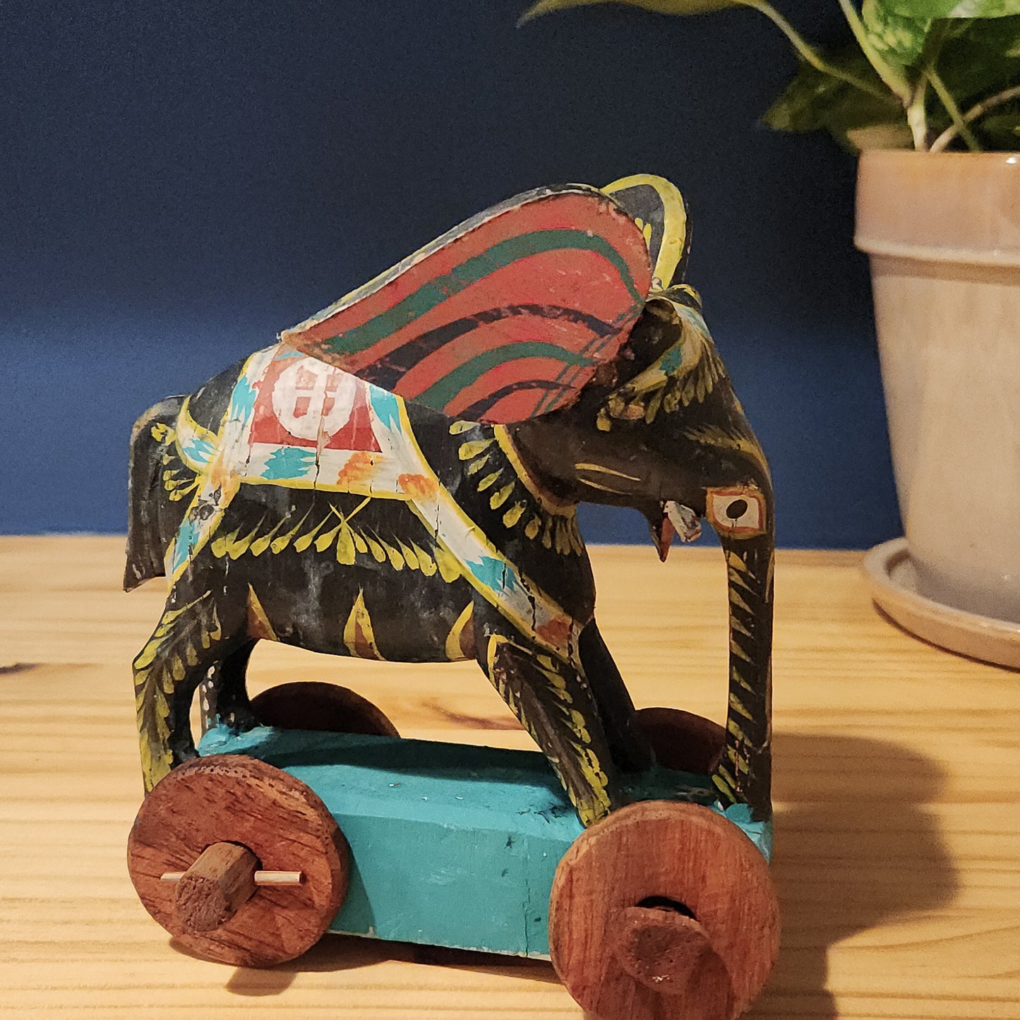 Colorful Polychrome Wooden Rolling Elephant