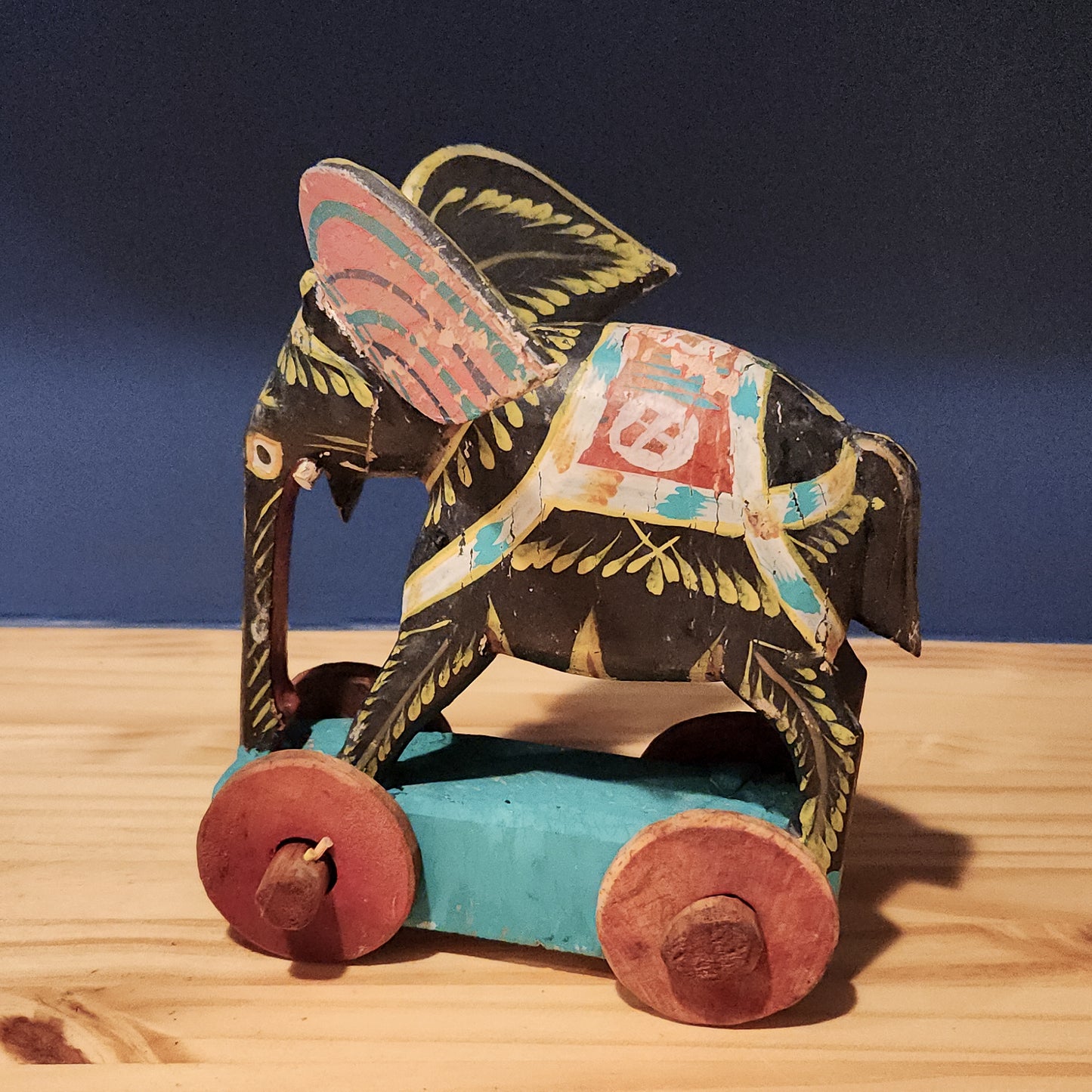 Colorful Polychrome Wooden Rolling Elephant