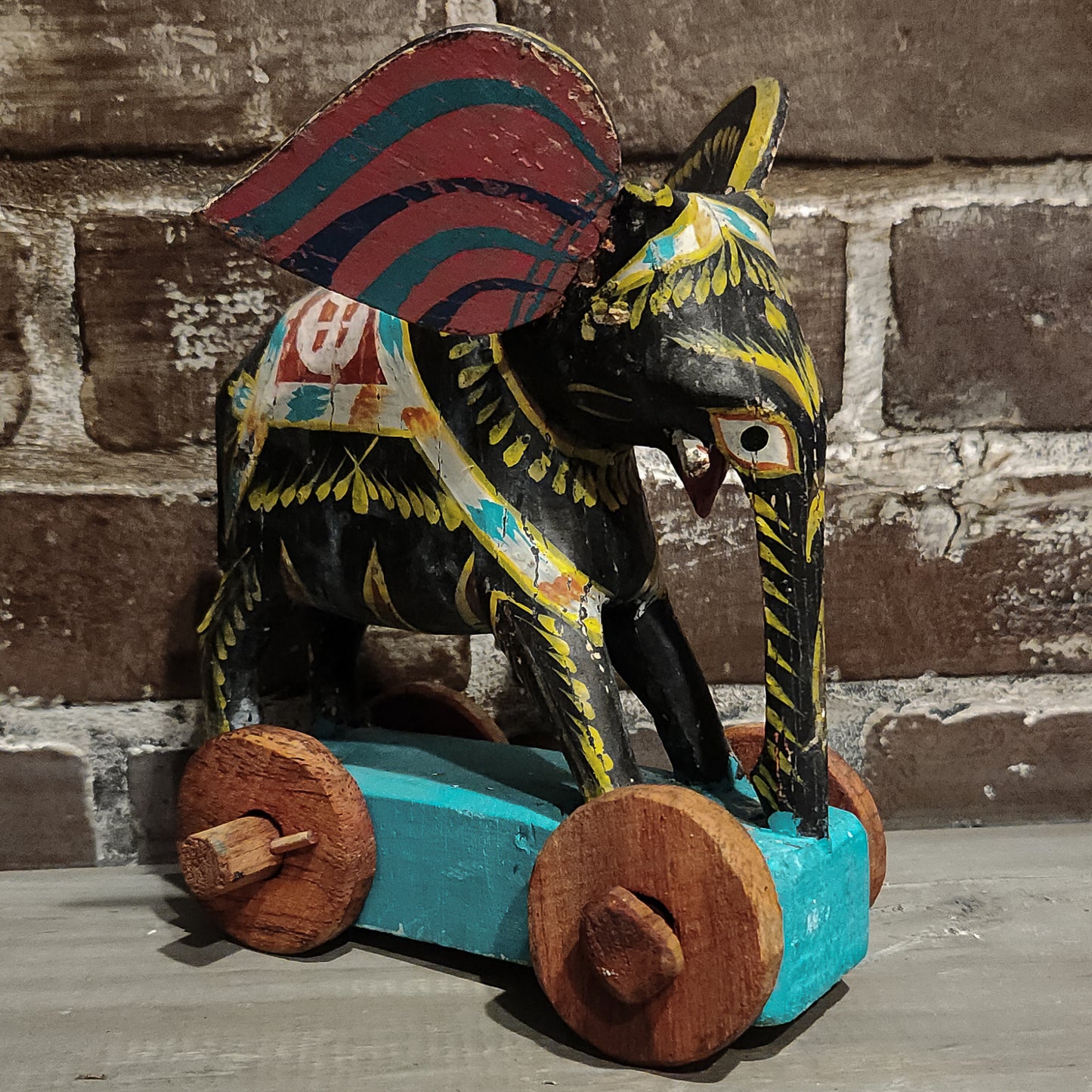 Colorful Polychrome Wooden Rolling Elephant