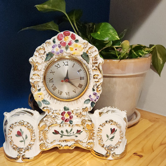 Floral Ceramic and Gold Mantel Clock