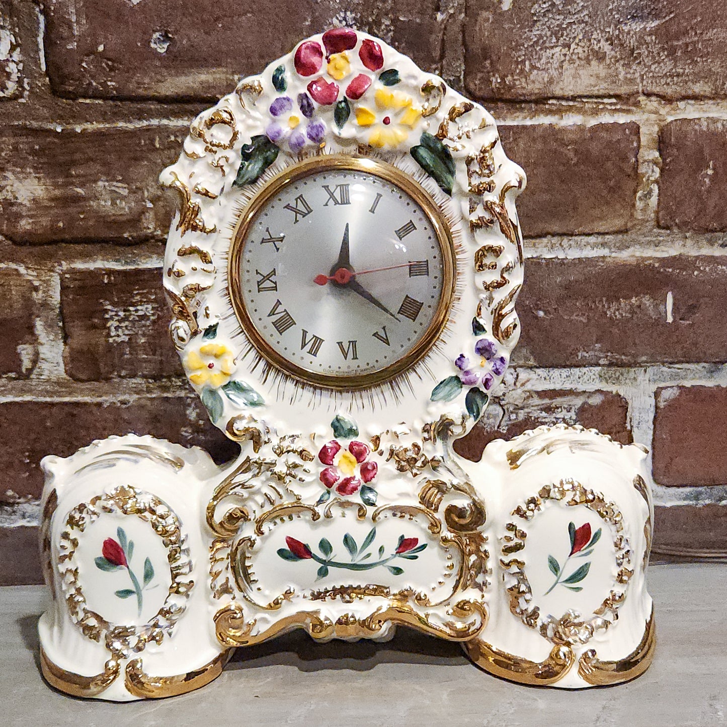 Floral Ceramic and Gold Mantel Clock