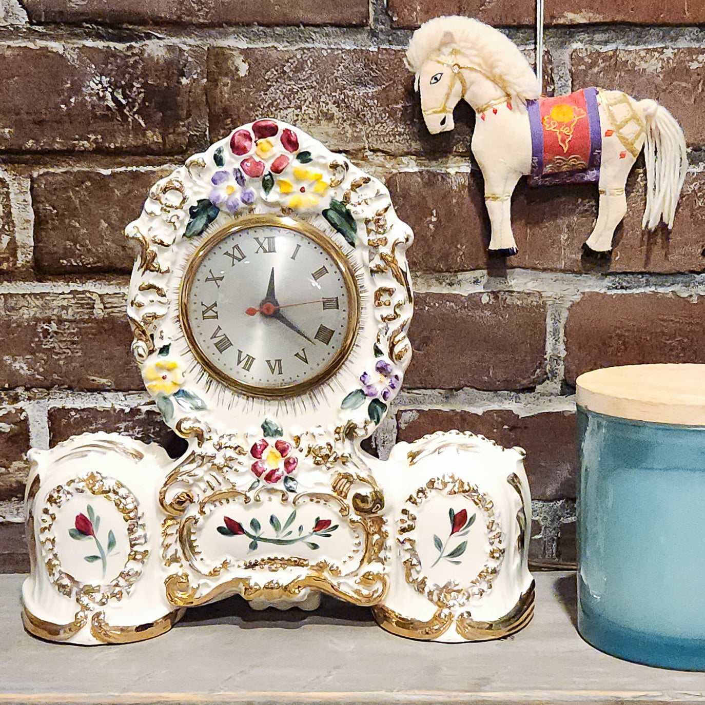 Floral Ceramic and Gold Mantel Clock