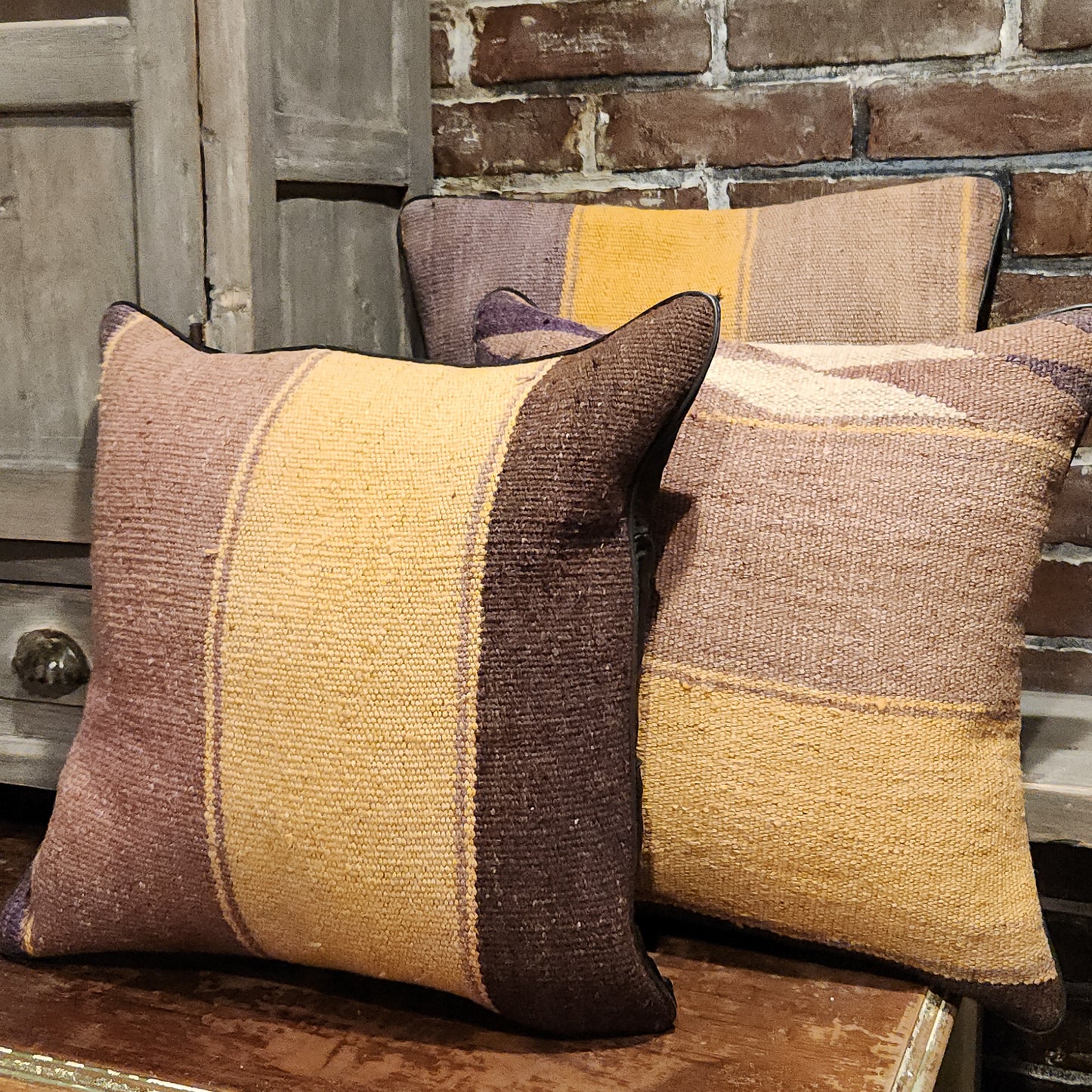 Clay Colored Striped Kilim Pillow Cover with Cotton Back