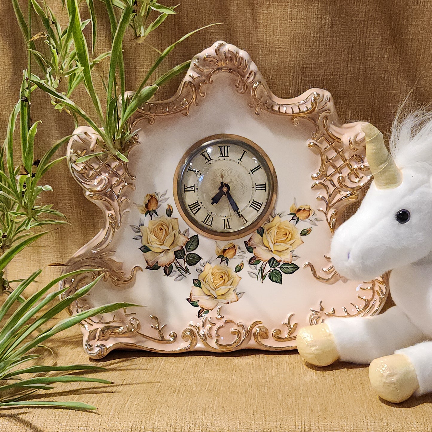Yellow Rose Ceramic and Gold Mantel Clock