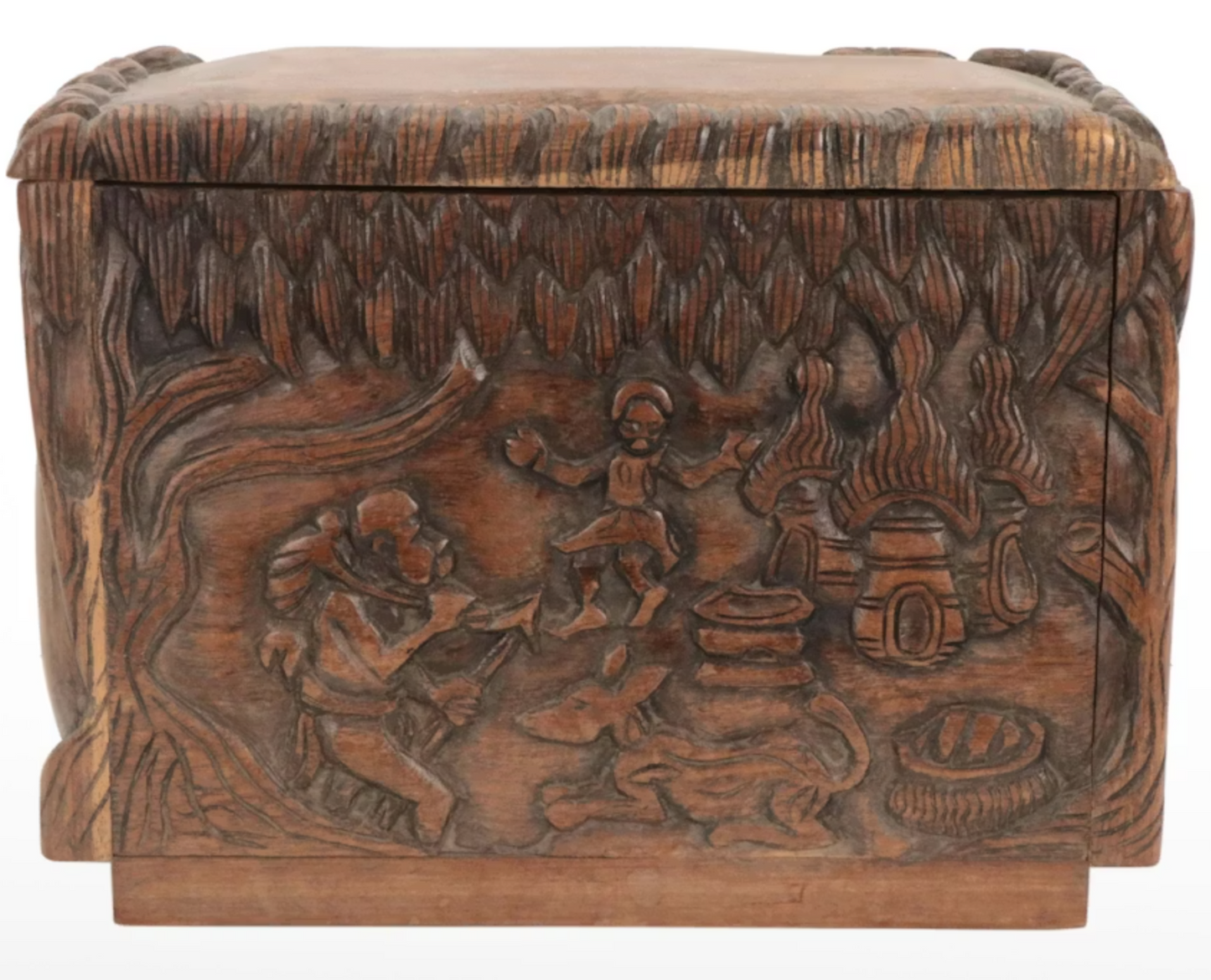 Vintage Hand-Carved Wood Keepsake Trunk – Bas-Relief Figural Scene with Dog – Artisan Handcrafted Memory Chest – Boho Global Decor